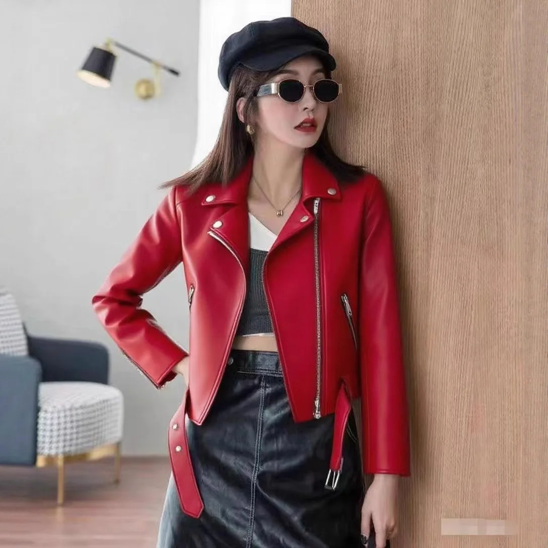 2025 New Women's Leather Jacket Spring Autumn Casual Slim Washed Zipper PU Leather Coat High End Locomotive Short Overcoat 5XL
