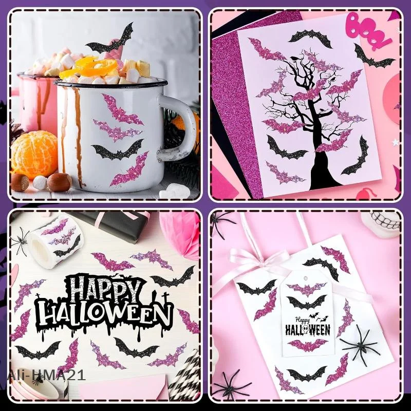 【H】500Pcs/roll Laser Black Bat Waterproof Glitter Self-Adhesive Decals Halloween Bat Stickers For Party Scrap DIY Accessories - Image 3
