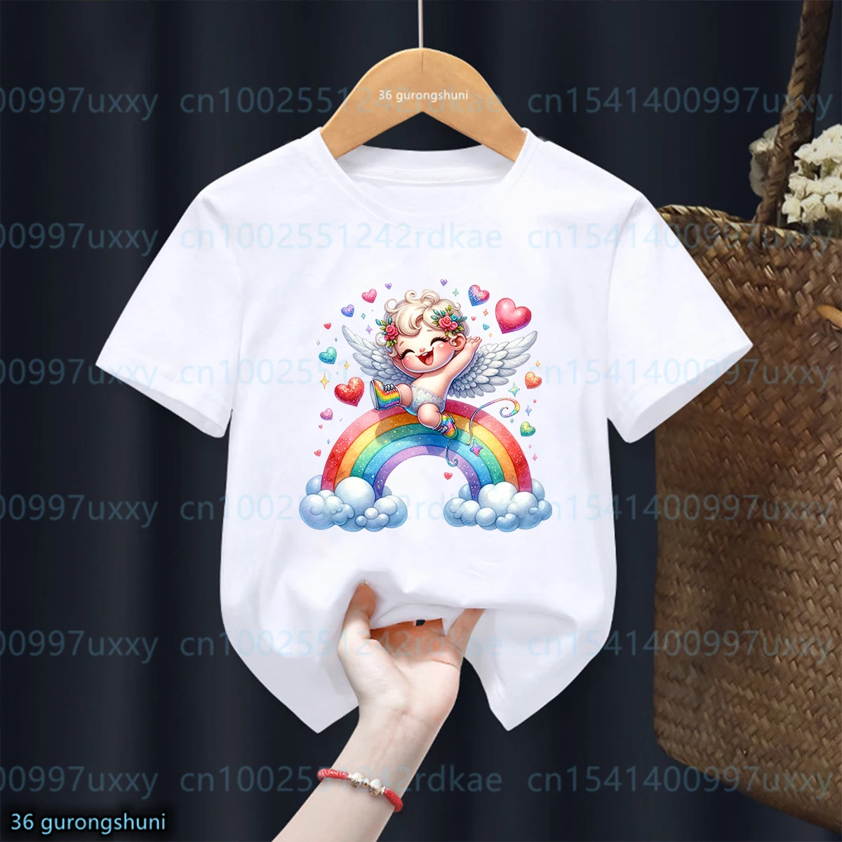 

2024 New Kids Tshirts Cute Rainbow Angel Little Boy Cartoon Print Boys T-Shirts Fashion Summer Boys/ Girls Universal Clothing