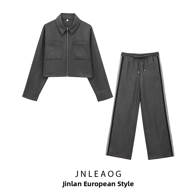 

JNLEAOG Осенний новый женский модный комплект ort Jaet с украшением в боковую полоску и длинные брюки из полиэфирного волокна Long Sve