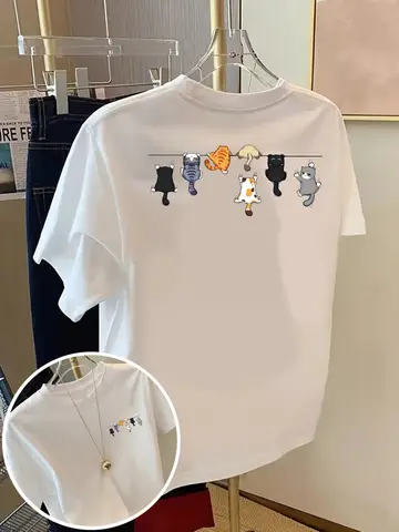 Camisetas Femininas de Algodão com Estampas de Gatos de Desenho Animado, Gola Redonda Básica, Manga Curta Oversized, Tops Casuais de Verão para Mulheres