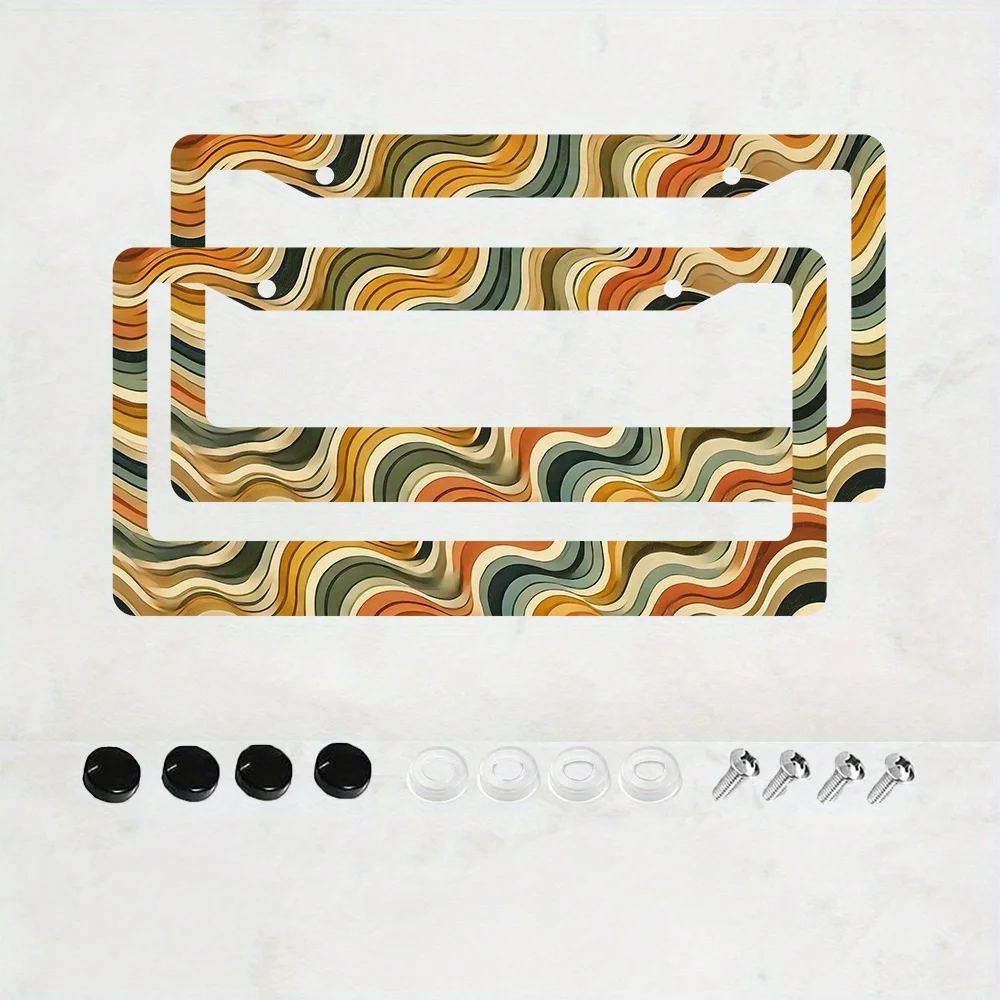 2Pcs Retro Wavy Swirl License Plate Frames 70s Abstract Colorful Pattern Universal Car Tag Covers with Mounting Hardware