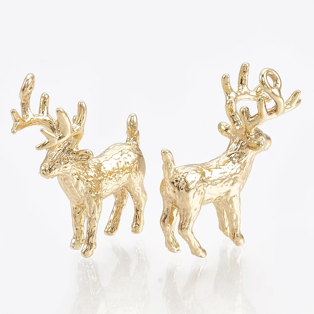 5pcs Christmas Reindeer Charms Brass Pendants Real 18K Gold Plated For Necklace Bracelet Earrings Cute Reindeer Pendant Supplies