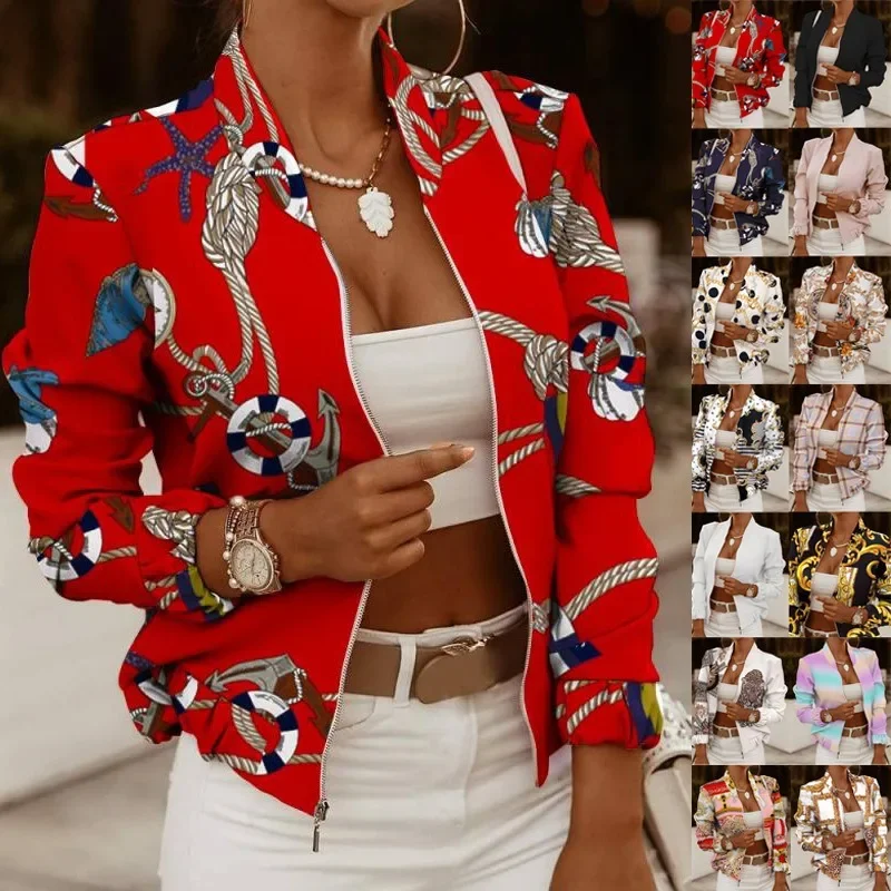 

Women Autumn Retro Floral Print Jackets Spring Summer Long Sleeve Cardigan Zipper Jacket Casual Pocket Slim Bomber Outwears