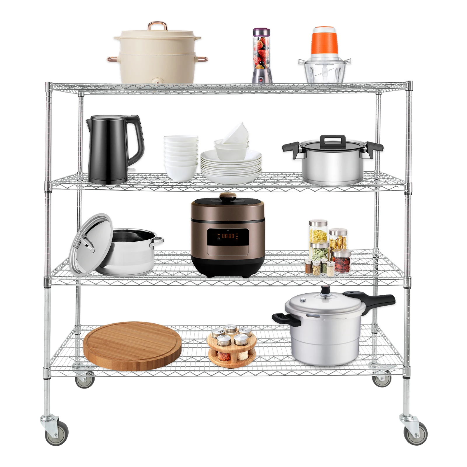 

4-Tier Heavy-Duty Storage Shelf with Wheels - Durable Carbon Steel Rack for Kitchen, Garage & Office | Adjustable Height