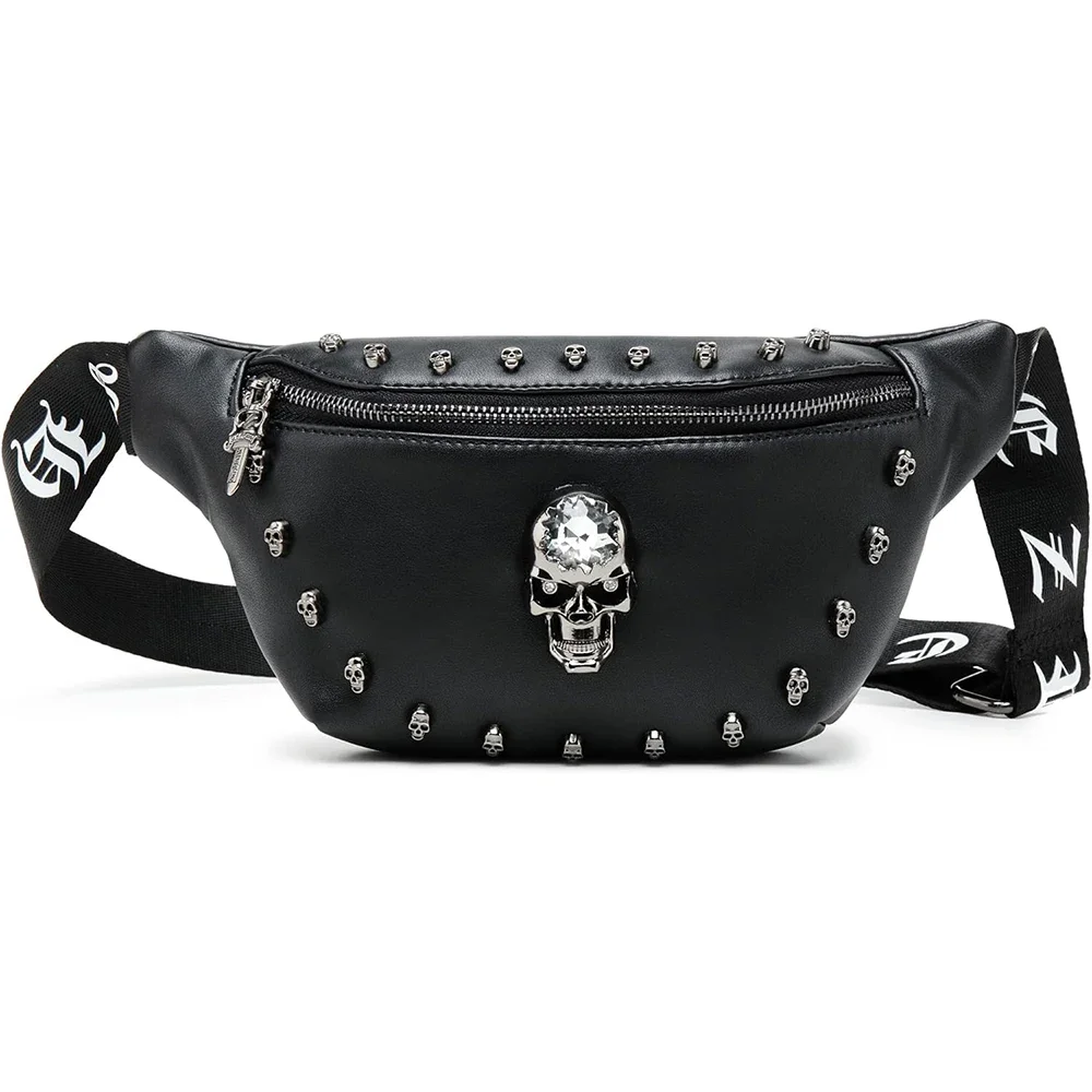 

Fashion Leather Waist Bag Black Skull Design Bum Bags Crossbody Belt Bag Waist Pack for Holiday Festival Travel Running Hiking