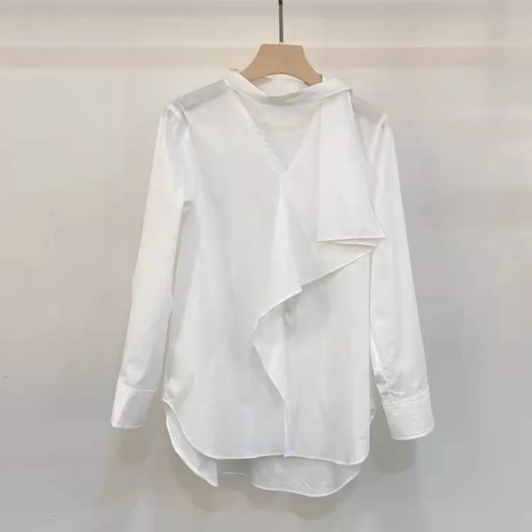 

Bow Tie Elegant Blouse Shirt 2026 Spring Women Sexy V-Neck Ruffle Flower Patchwork Long Sleeve Elegant Loose White Tops Blusa