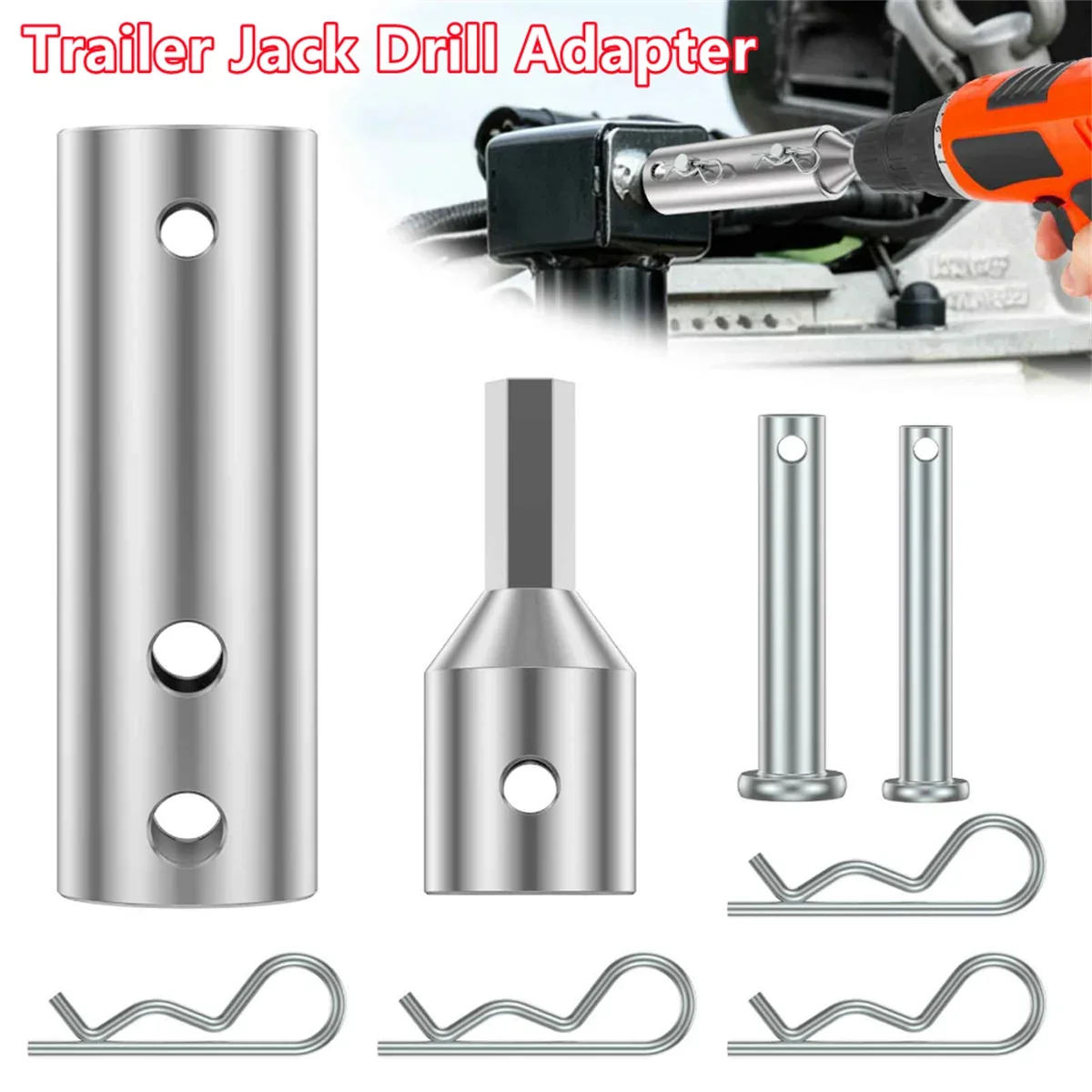 Stainless Steel Trailer Jack Drill Adapter 1 & 1/2 Inch Drive Shaft RV Camper Jack Hex Base Socket Adapter Set with Pins Clips