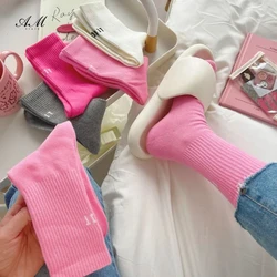 Pink Socks Women's Spring and Autumn Style Mid-tube Socks Ins Outside Wear Cotton Bottoming High Waist Letter Sports Stockings