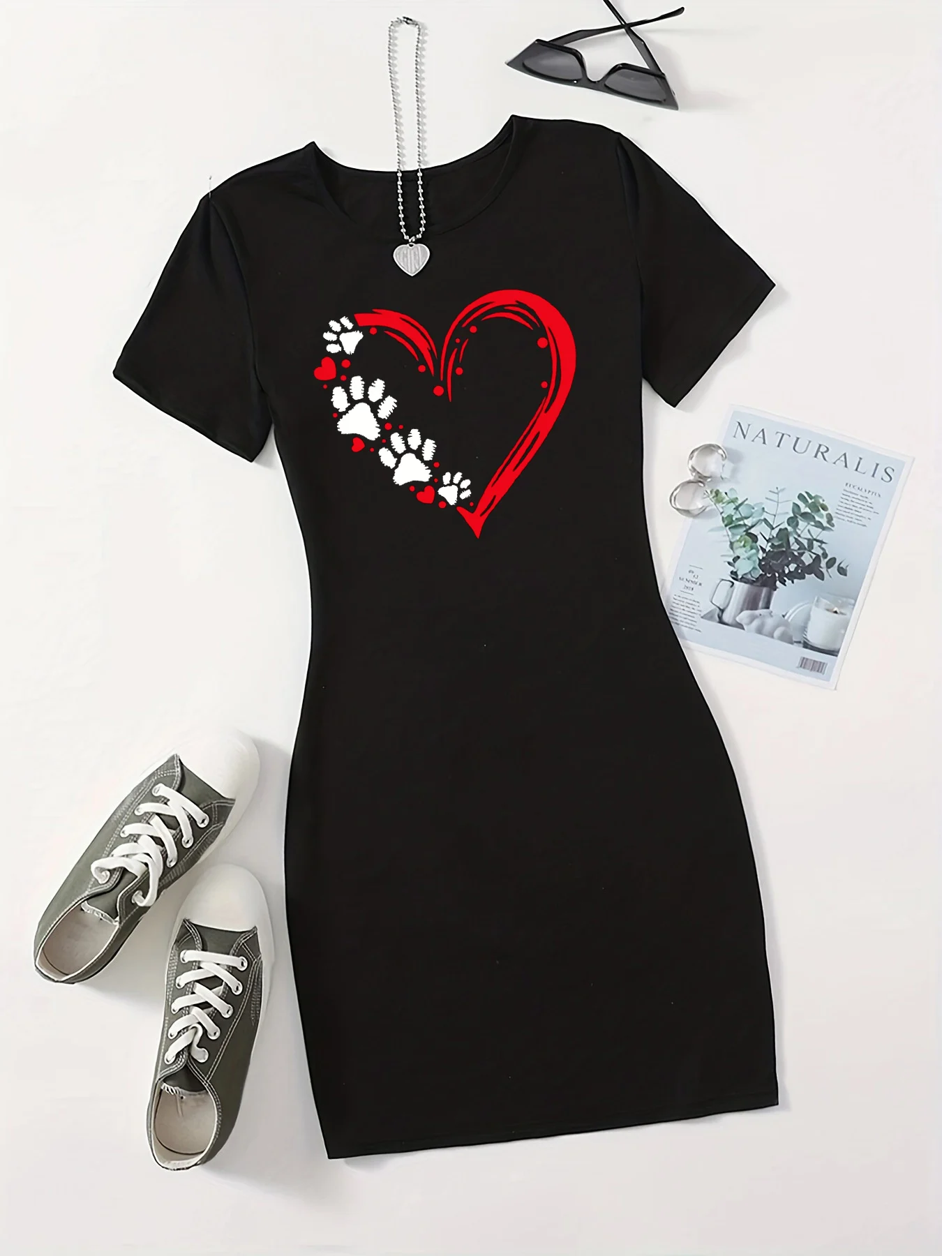 Summer Women's Card Love Cat Footprint Print Casual Slim Fit Short Sleeve Round Neck T-shirt Mini Dress