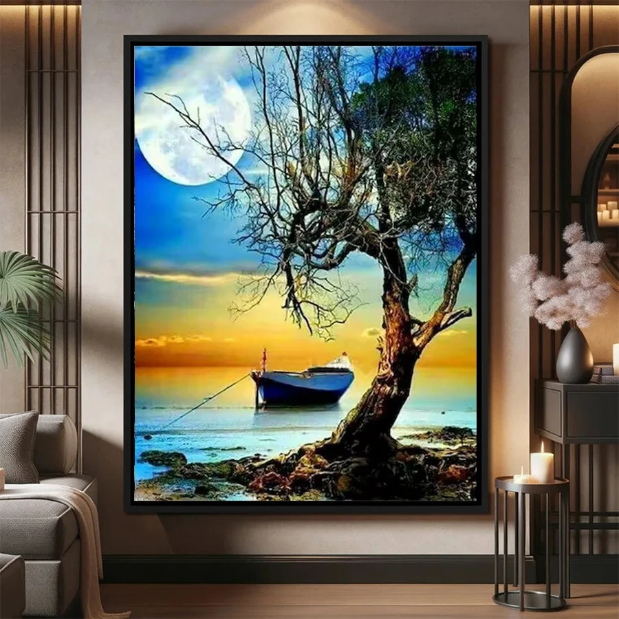 

Набор алмазной живописи Новая Луна Дерево Лодка Пейзаж Полный дрель DIY Алмазная вышивка Мозаика Домашнее украшение для взрослых Подарок