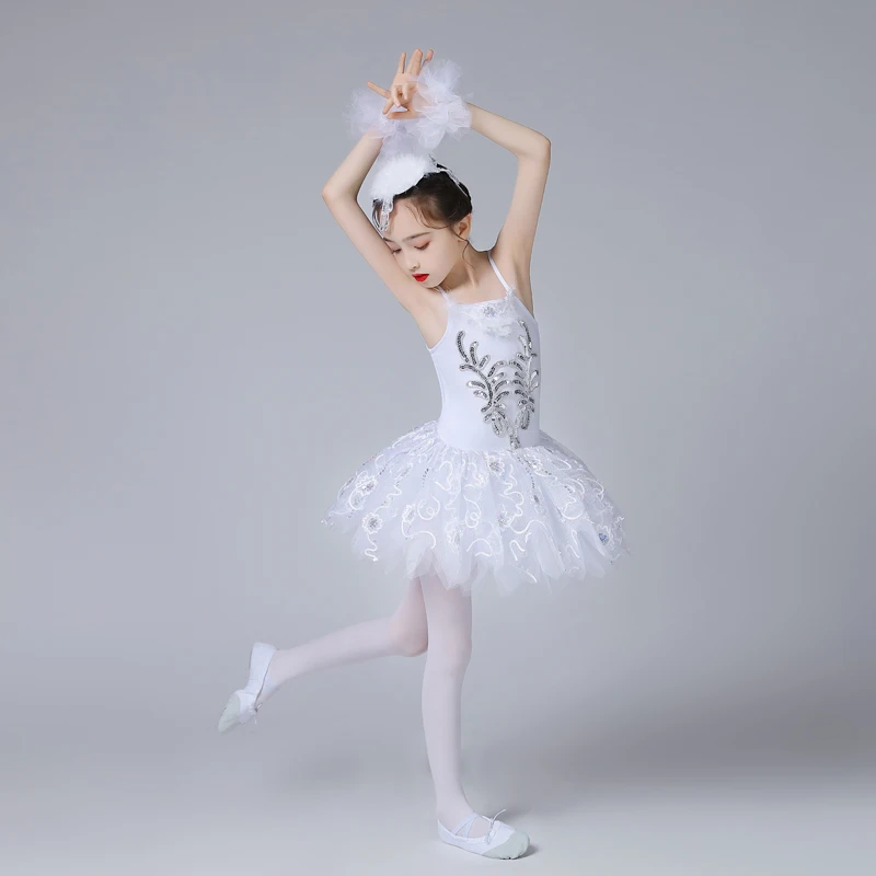 Girls Ballerina Party Costume Sequined Flower Ballet Dance Dress Dancewear Gymnastic Leotard For Kids Ballet Tutu Dress White