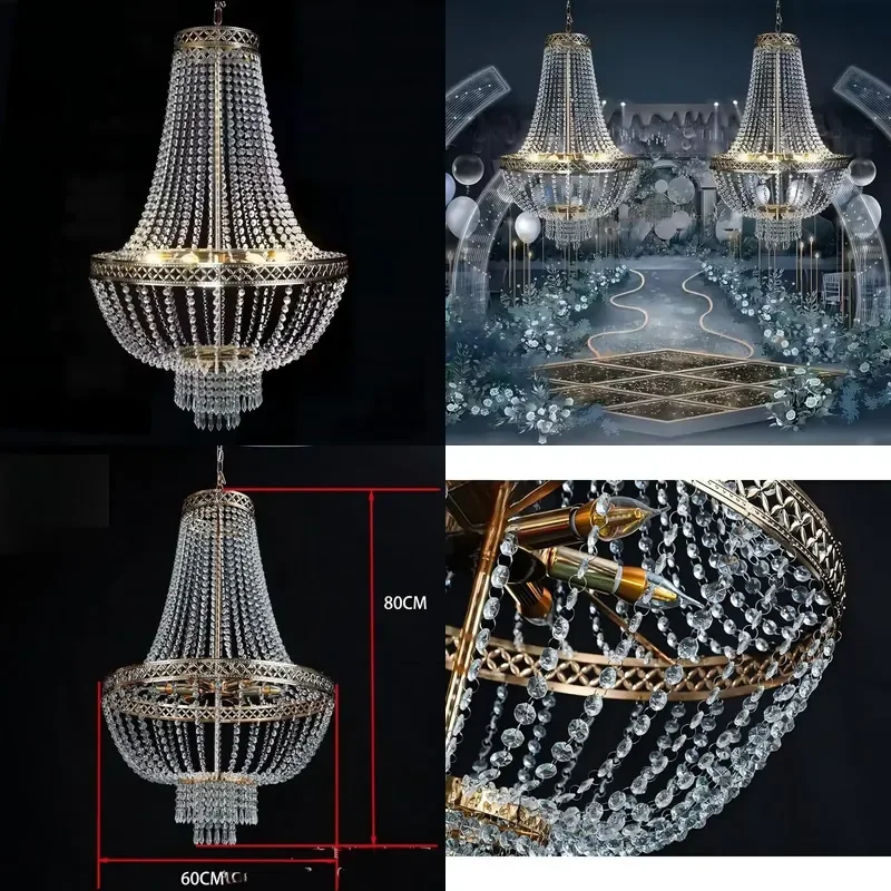 New Wedding Decoration Metal Wrought Iron Gold Plated Crystal Bead Curtain Chandelier for Event Stage Decor
