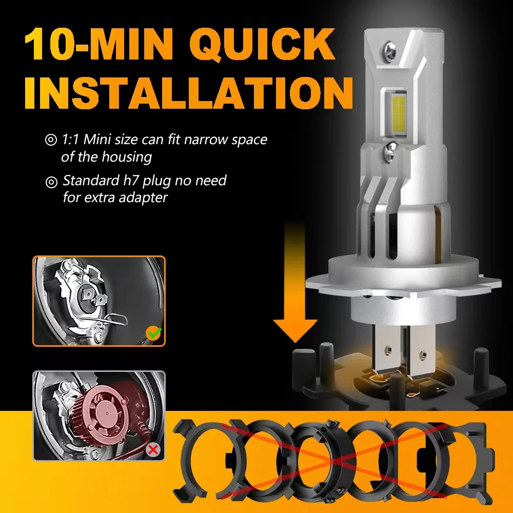 TOYUKI 2Pcs H7 Turbo Led Headlight Bulb 20000LM  for Car Led Lamp 1:1 Mini  Led Fog Lights DRL 8 Pcs Csp 7035 6000K White 12V