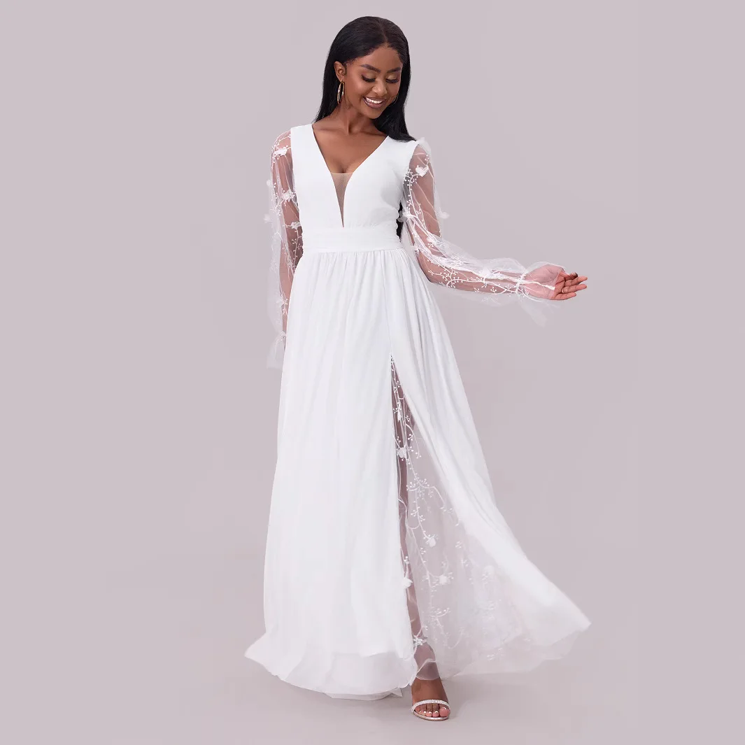 

Свадебное платье, женское платье, глубокий вырез, свадебное платье с длинными рукавами, длинная юбка, летнее платье 2025 года, элегантное женское платье