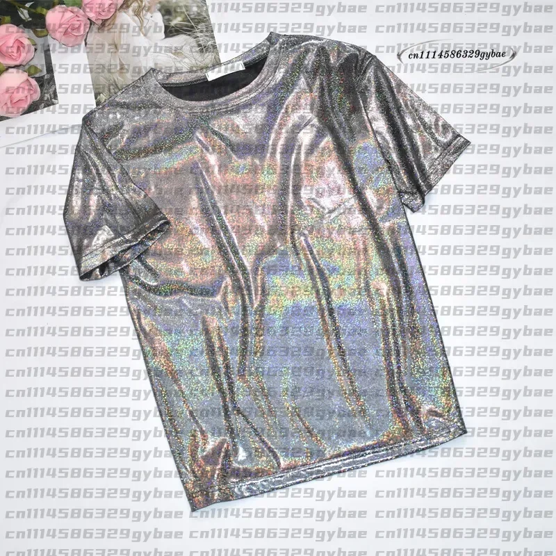 2026 Womens Sparkly Shiny Metallic Holographic Round Neck Short Sleeve Casual Loose Top Festival Party Tee Shirt Female Clothes