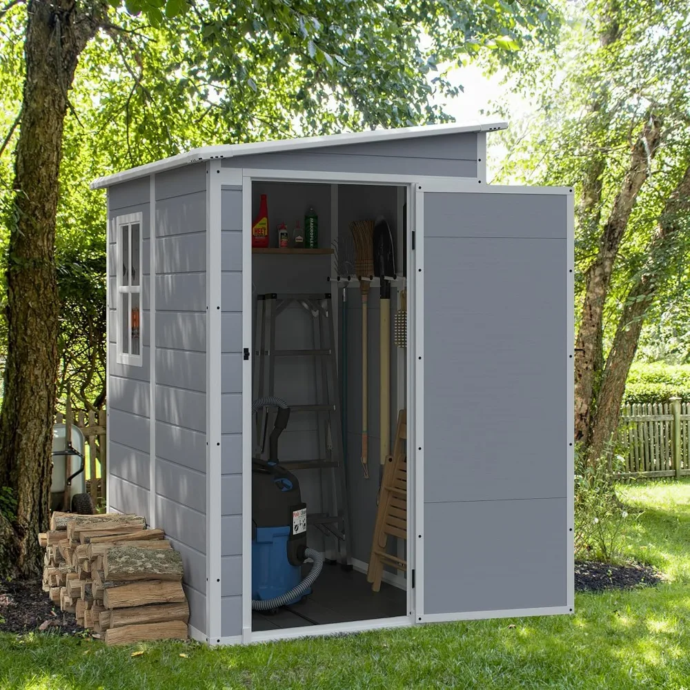 Outdoor Storage Shed, 5 x 4 FT Resin Shed with Floor and Lockable Door, Plastic Garden Tool Outside Sheds