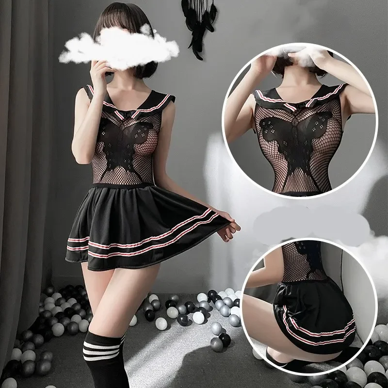 Sex Erotic lingerie woman Student uniform seductive Japanese style hip length sexy mesh dress with lapel JK lingerie sexy women