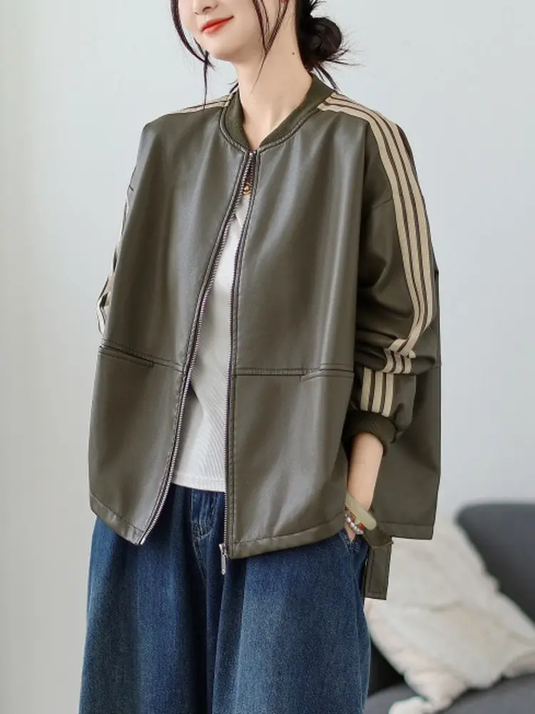 Retro artístico ort suelto cuello alto cuero Jaet Long Sve Casual versátil Faionable prendas de vestir exteriores de mujer otoño nuevo...