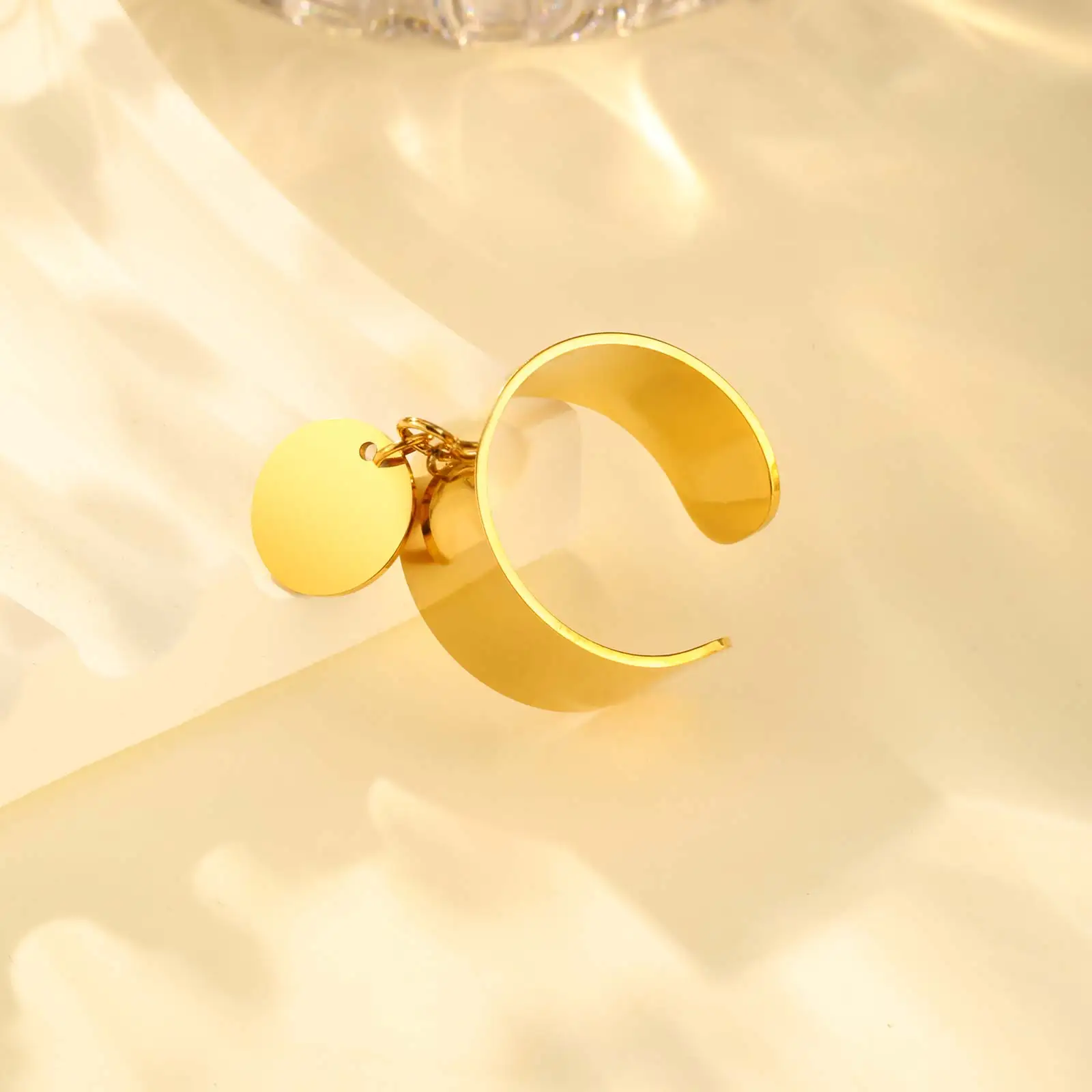 حلقة افتتاحية دائرية الشكل للنساء، خواتم مقاومة للماء من الفولاذ المقاوم للصدأ باللون الذهبي، هدايا مجوهرات مصقولة عالية #5
