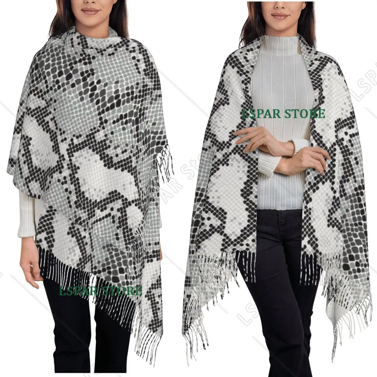 Gray Snake Skin Animal Print Scarf Tassel Scarves for Women Soft Warm Shawls and Wraps Long Fall Winter Shawl Wrap