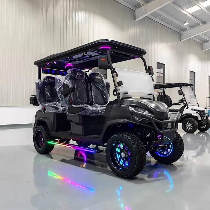 4+2 Seater Off Road Electric Golf Utility Vehicle Matte Black Aluminum LED Light Strip Front Storage Basket Max Speed