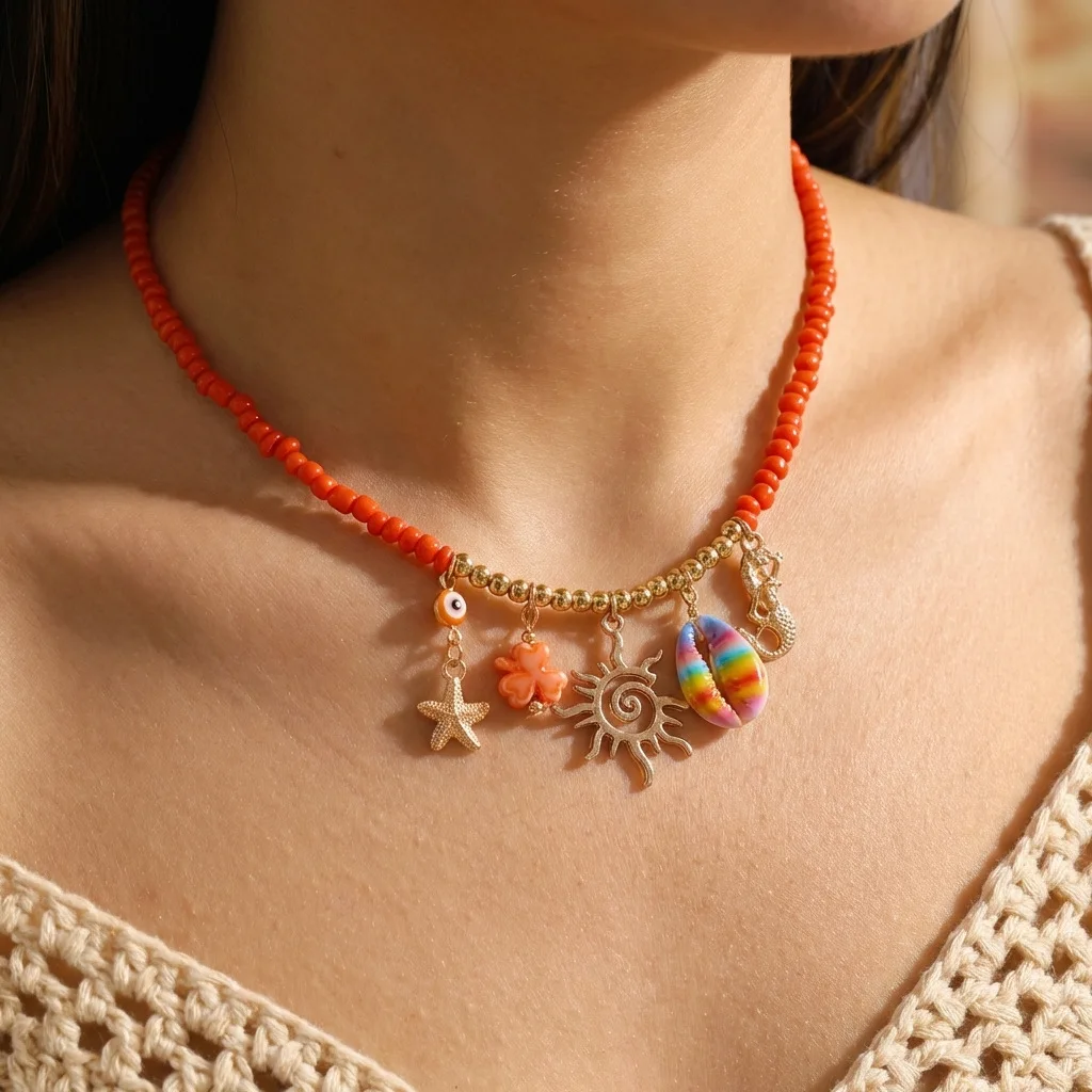 Bohemian Island Vacation Hot Selling Conch Coral Beaded Necklace Female, Summer Dopamine Necklace