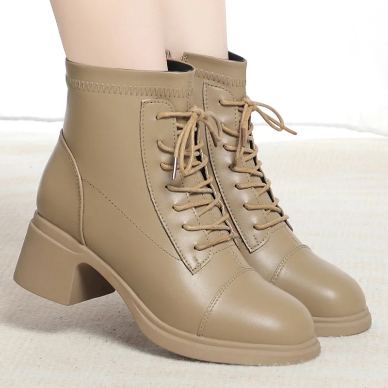 

Women Casual Motorcycle Ankle Boots Thick Sole Plus Fleece Lace Up Autumn Winter Knight Outdoor New Short Leather Boots