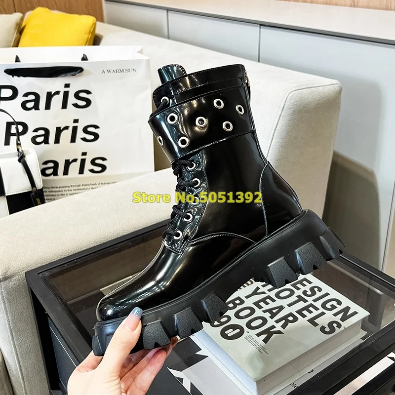 

2024 New Arrival Patent Leather Booties Muffin Heel Platform Lace Up Chunky Heel Buckle Rivet Boots Autumn Winter Shoes