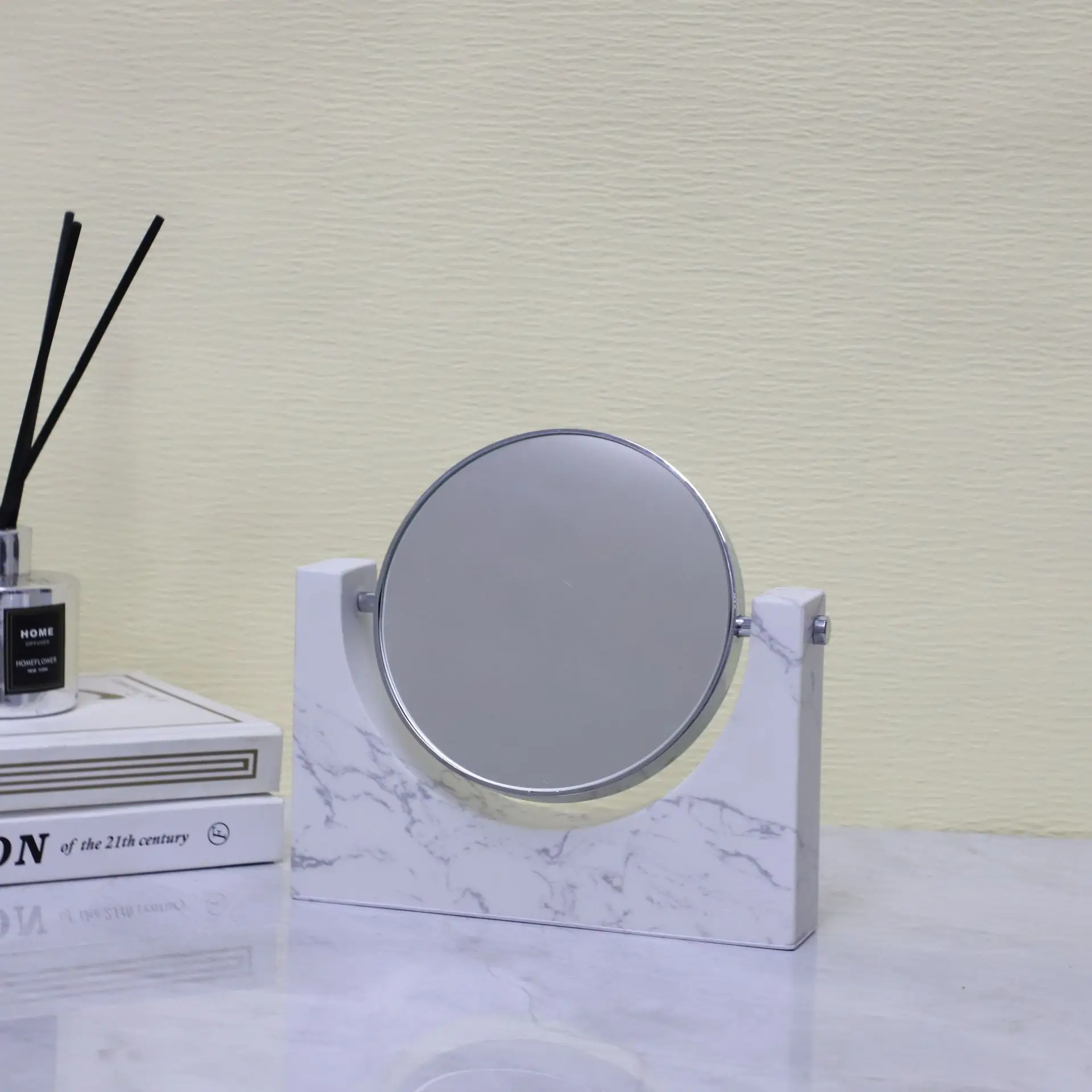 Natural White Marble U Shape Rotating Vanity Mirror, HD Clear Round Makeup Mirror for Bedroom Dresser Bathroom Decor