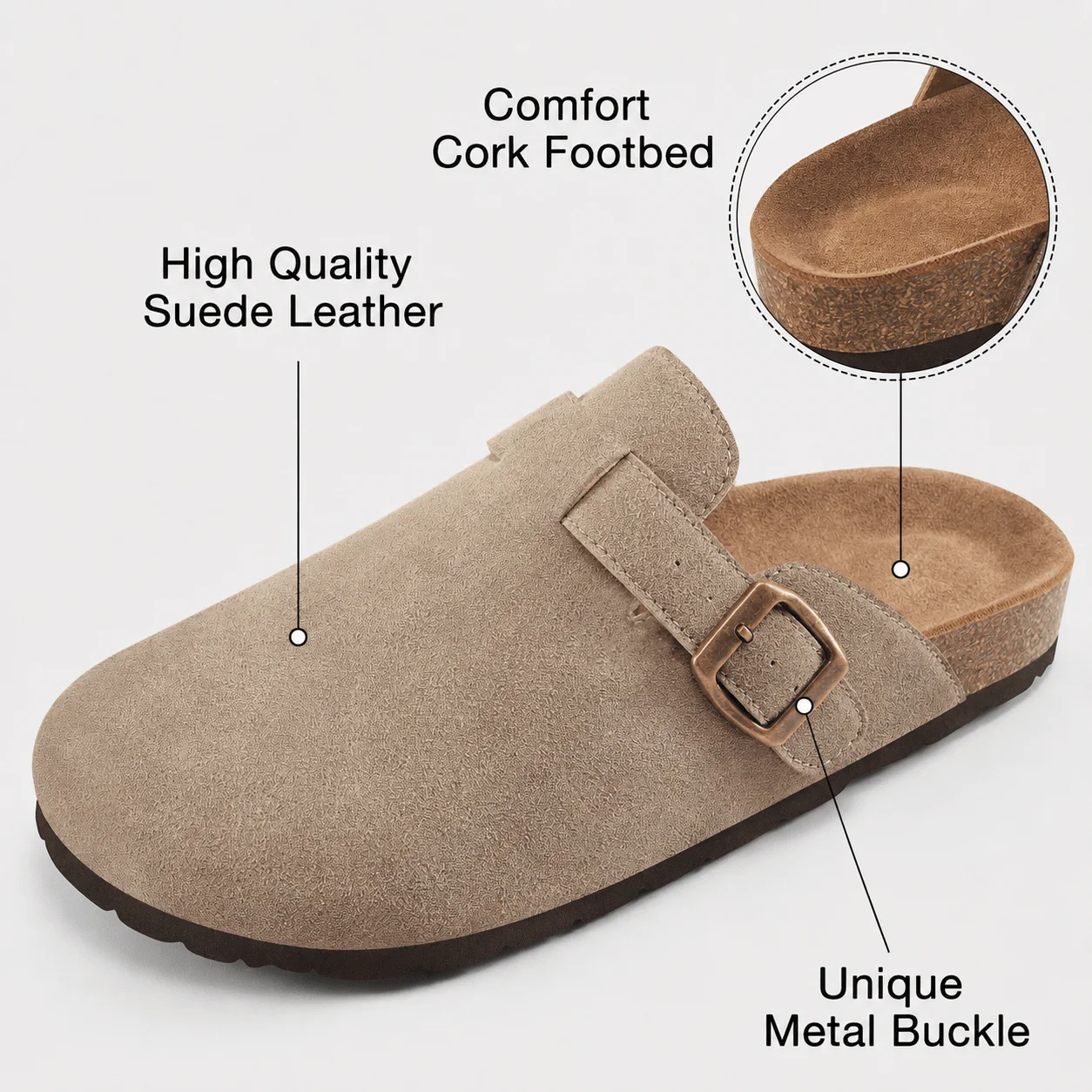 Women's Apricot Potato Shoes Suede Clogs Slip On Mules Cork Footbed Potato Shoes Comfort Summer Sandals With Arch Support Slide Sandals For Women