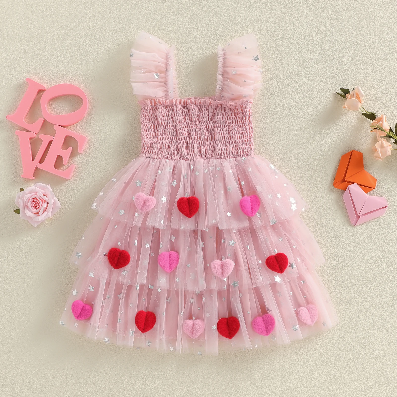 Valentine s Day Little Girls Tutu Dress Adorable Heart Decorated Sleeveless Square Neck Tulle Dress