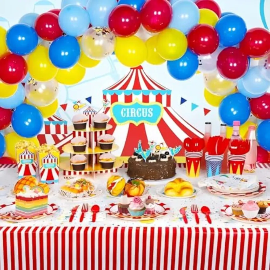 60pcs Carnival Circus Balloon 12 Inches Red Yellow and Blue Balloons with Rainbow Confetti Balloons for Birthday Party Carnival