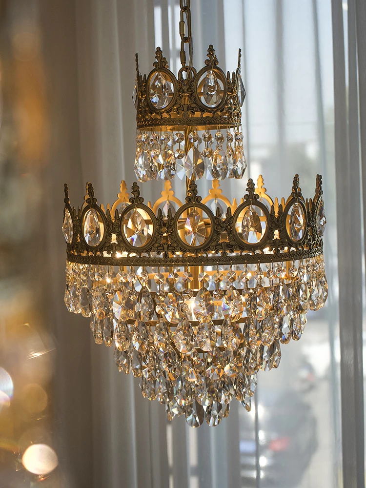 French Palace Crown Gold Crystal Chandelier Light Brass Material Suspension Luminaire Home Decoration Cristal Lamps