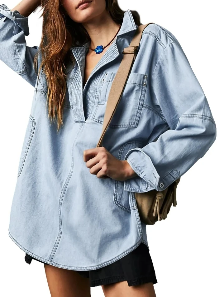 Women's Blouses 2025 Autumn Winter Latest Lapel Fashion Casual Slimming Denim Long Sleeve Shirt Denim Jacket Cardigan Open Front