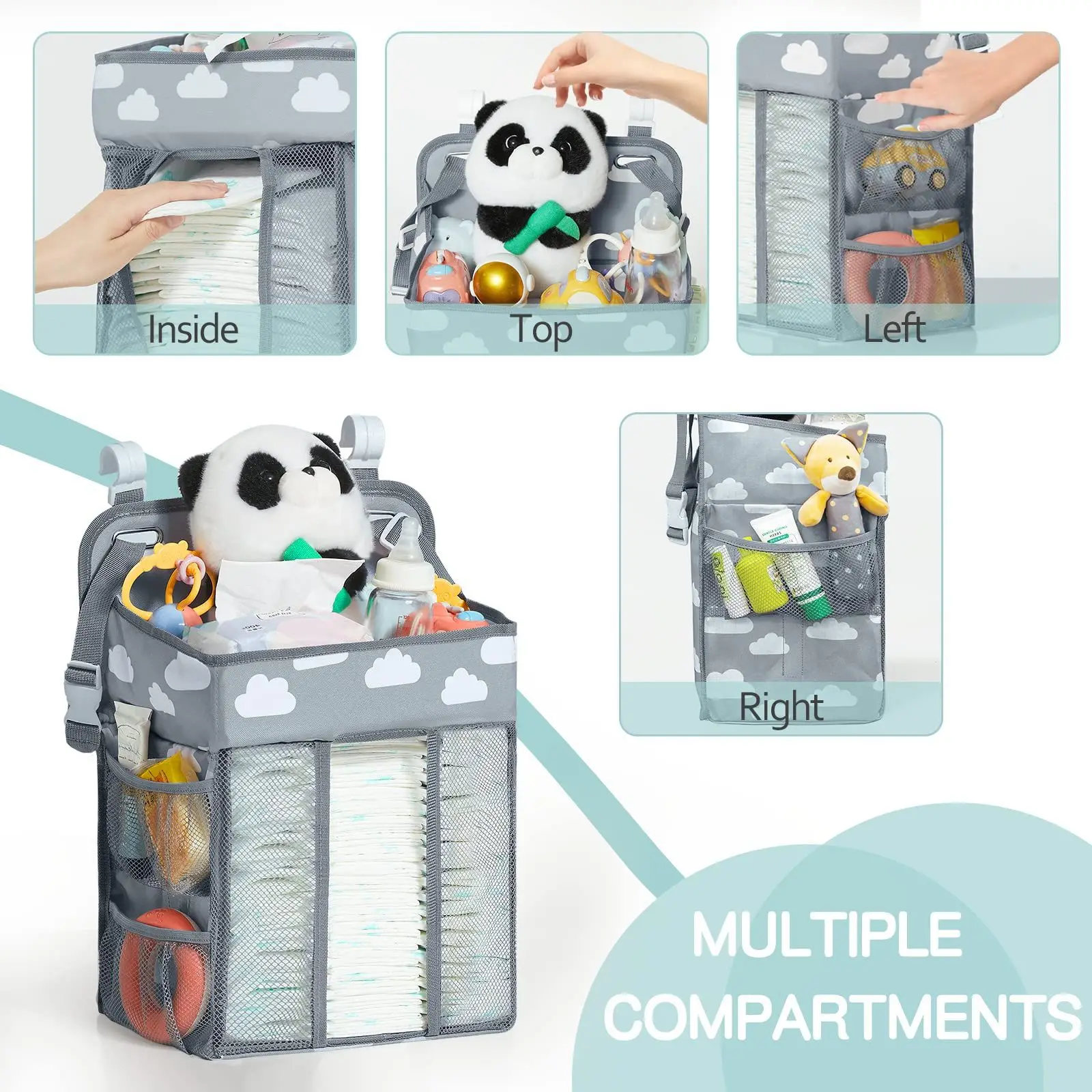 Hanging diaper organizer with multiple pockets for changing table, playpen or wall, bedside storage bag