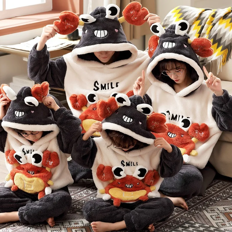 Winter Family Parent-Child Outfits Pijamas Sets Thicken Pyjamas Sleepwear Women Men Loungewear Child Cartoon Cat Leisure Wear