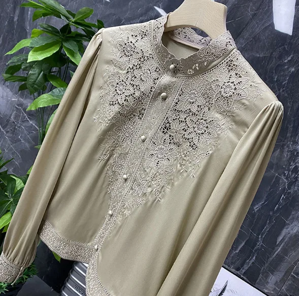 Women\'s Embroidered Silk Shirt Long Sleeve Blouse Camisas Mujer