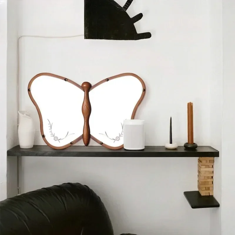 Antique style wall decor makeup mirror special-shaped artificial desk table top butterfly shape wooden mirror