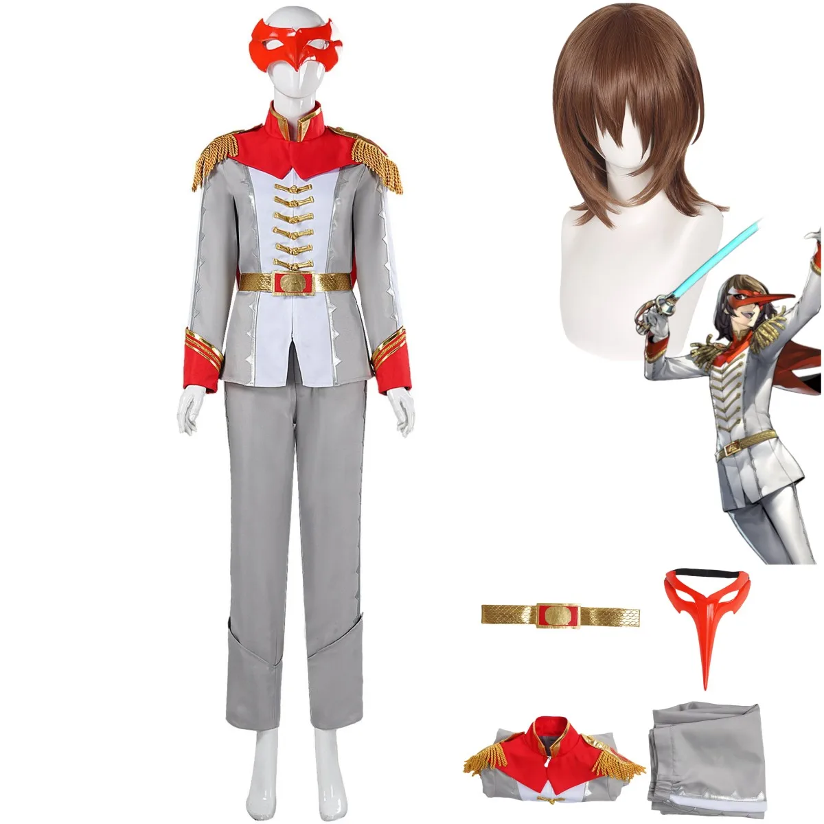 Game Akechi Goro Cosplay Costume P5 CROW Grey Uniform Full Set Mask Wig Adult Man Woman Halloween Christmas Suit