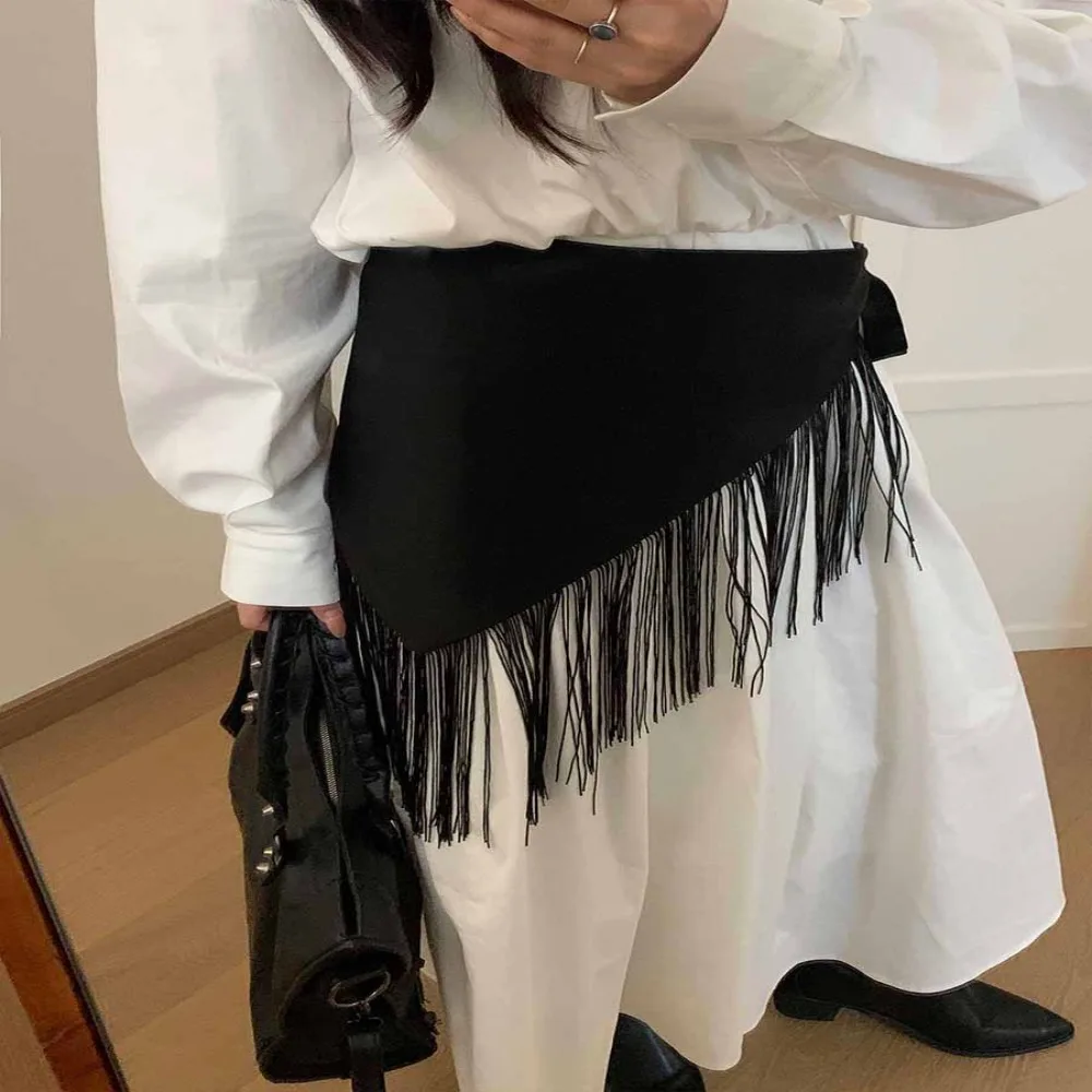 Split Chinese Style Triangular Waist Belt Printing Tassel Butt Curtain Skirt Ruched Y2K Mini Apron Streetwear