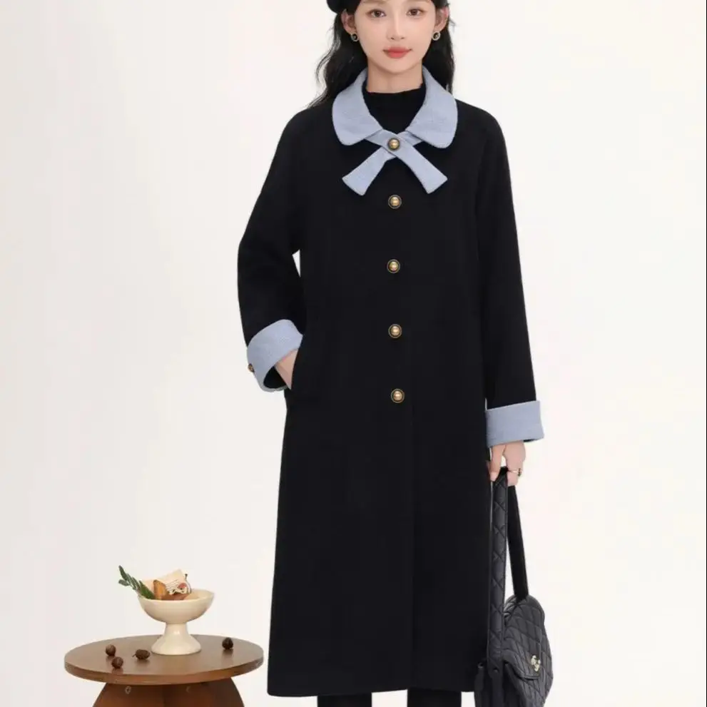 

Woolen Coat Black Blue Mid-Length Bow Contrast Color Autumn And Winter New Women'S Regular Fit Winter Women'S Warm Jacket 2023