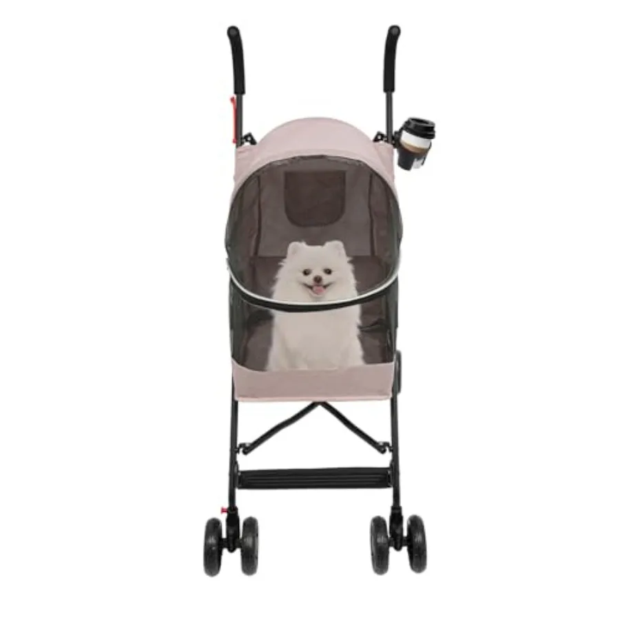 

Pet Travel Stroller for Small Medium Dogs Cats: Pink Foldable Lightweight Portable Carrier with Breathable Mesh, Storage Basket