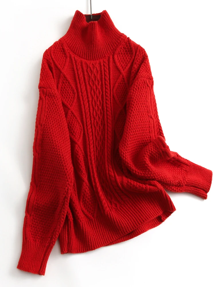 

Thiened Long Sve High Collar Knitted Sweater Loose Women's Sweater Red Color Lunar New Year Aosphere J065