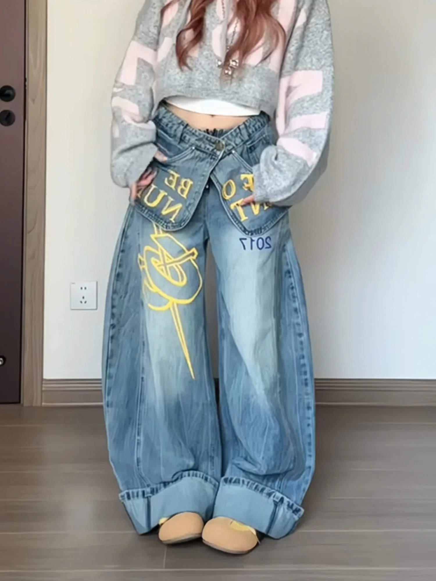 

Американский стиль: модные женские юбка-брюки в стиле пэчворк с ретро-дизайном, цветовыми блоками и буквенным принтом, универсальные, длиной в пол.