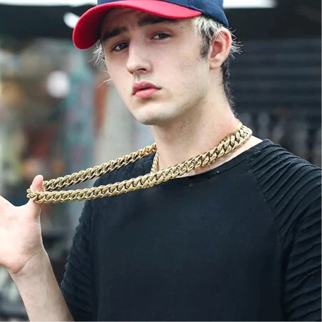Lange klobige Miami-Cuban-Gliederkette aus 316L-Edelstahl, vergoldet, Hip-Hop-Halskette, 8–10 mm, für Männer und Frauen