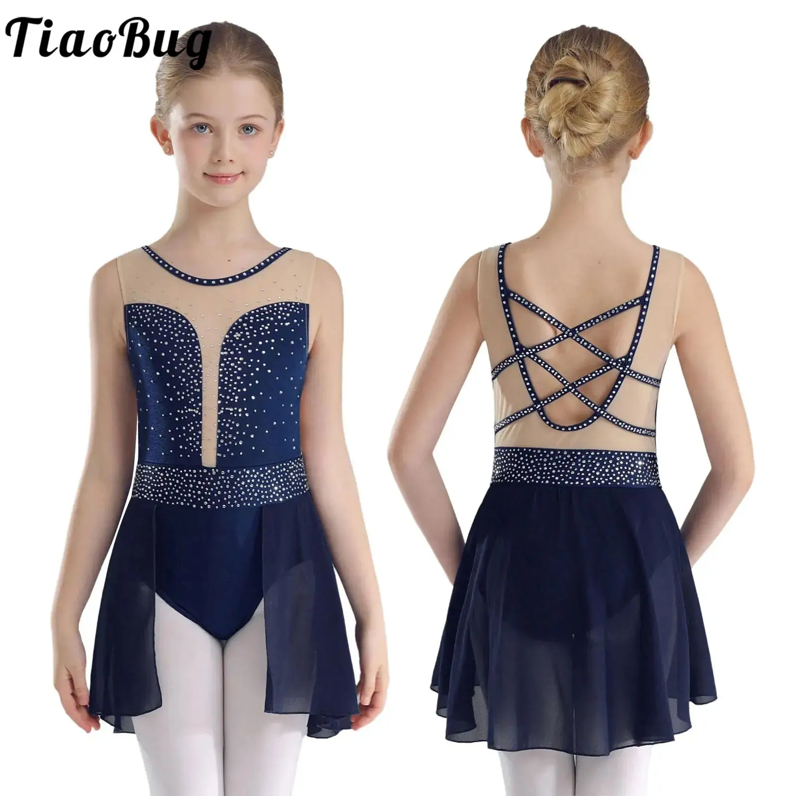 

Kids Girls Lyrical Dance Performance Costume Rhinestone Sleeveless Mesh Tutu Ballet Gymnastic Figure Skating Leotard Dress