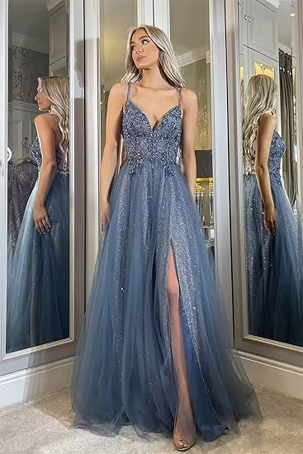 

Long Lace Appliques Prom Dresses For Women V Neck A line Evening Ball Gowns Spaghetti Straps Formal Party Dresses With Side Slit