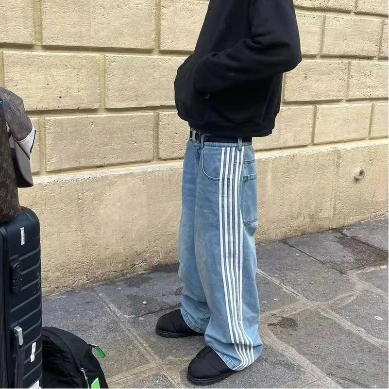 Costumi di danza di strada, pantaloni a gamba larga a gamba dritta a righe, pantaloni casual larghi, jeans hip-hop da strada con personalità retrò americana