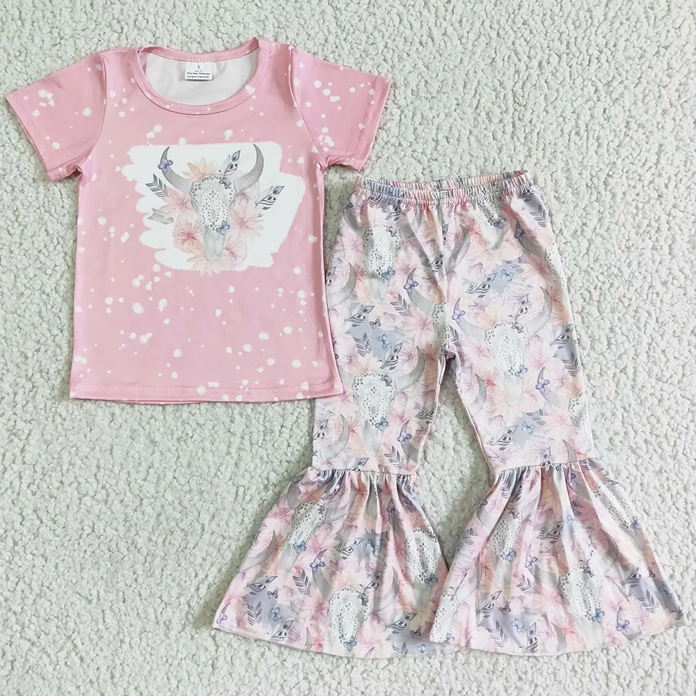 

RTS Wholesale Children Clothes Set Cow Print Fashion Baby Girl Clothes Short Sleeve Bell Pants Toddler Kids Outfits Boutique New
